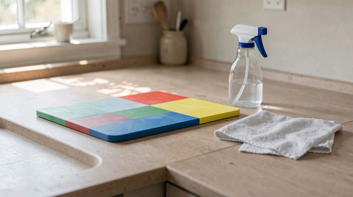 A kitchen worktop in daylight with a colour-coded cutting board, a clean cloth and a spray bottle set apart on one end, shot from a slight angle at counter height.