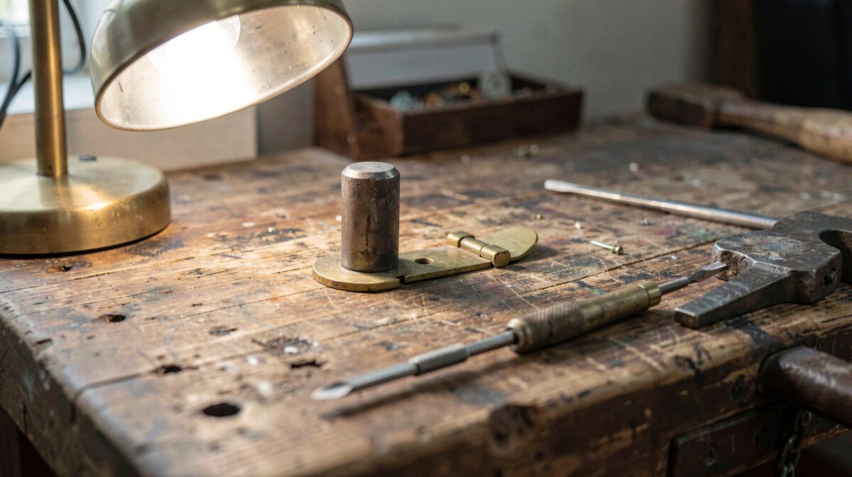 A bench jeweller's peg and a small brass hinge leaf side by side on a worn wooden bench, lit by a single adjustable lamp from the left, with a fine screwdriver and a cutting gauge in the foreground, shot close and slightly above.