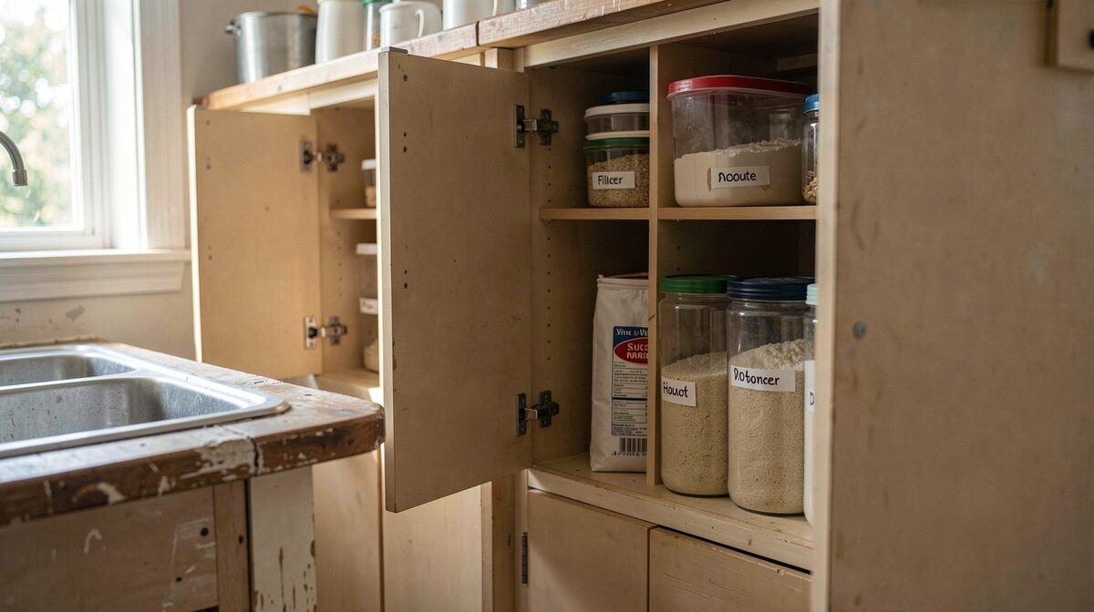 A row of tall base cabinets in a working kitchen, doors open to show labelled containers of flour and rice, daylight from a side window falling across a worn worktop edge beside a sink.