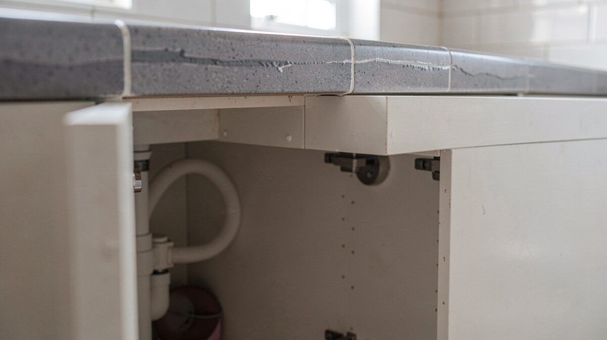 A kitchen worktop edge where it meets a tiled upstand, sealant line visible, a sink waste below, photographed in flat daylight from a low angle with the cabinet door open.