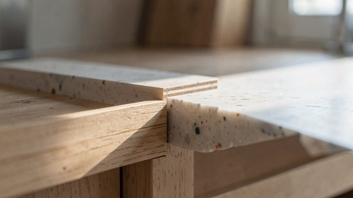 A kitchen counter edge in raking morning light, with a laminate cut edge, a quartz offcut and a sealed joint visible side by side, shot close with a shallow depth of field.